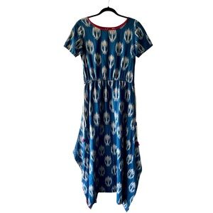 Yell Boho Linen Ikat Print Harem Drop Crotch Jumpsuit Blue Relaxed Festival M